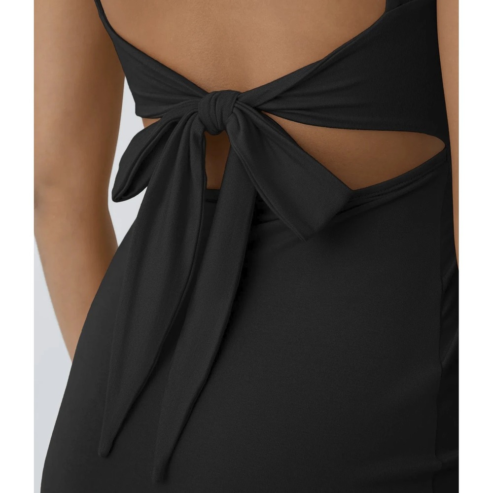 NWT Halara Ruched Tie Back Hem Bodycon Mini Casual Dress Black Small Stretch - Picture 8 of 14
